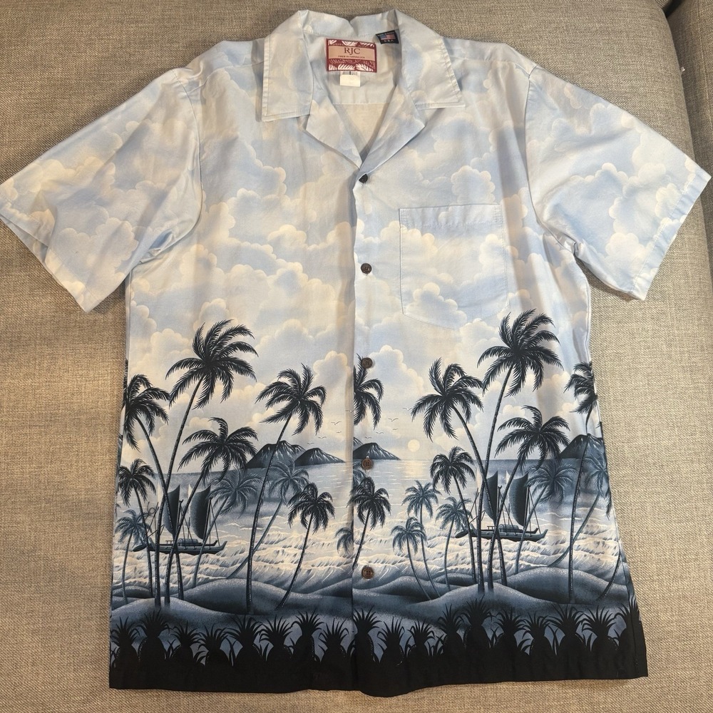 RJC Hawaiian Shirt Mens Large Blue Aloha Palm Tree Scenic Made in Hawaii USA